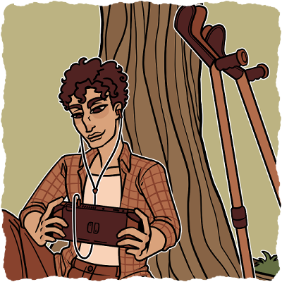 Flatted: A commission for the Seattle Indies, featuring a gamer sat comfortably beneath an autumnal tree.